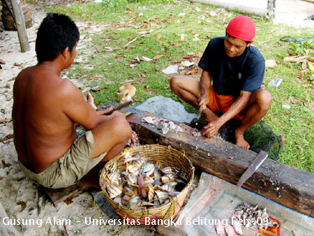 Foto Nelayan yang sedang menyiapkan pakan untuk ikan kerapu dari hasil ikan sisa bubu di keramba jaring apung